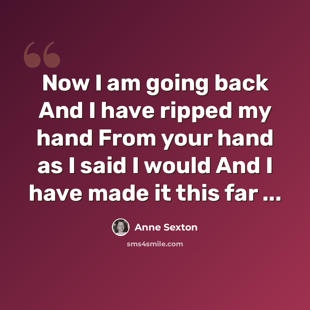 “Now I am going back And I have ripped my hand From your hand as I said I would And I have made it this far ...” quote by Anne Sexton