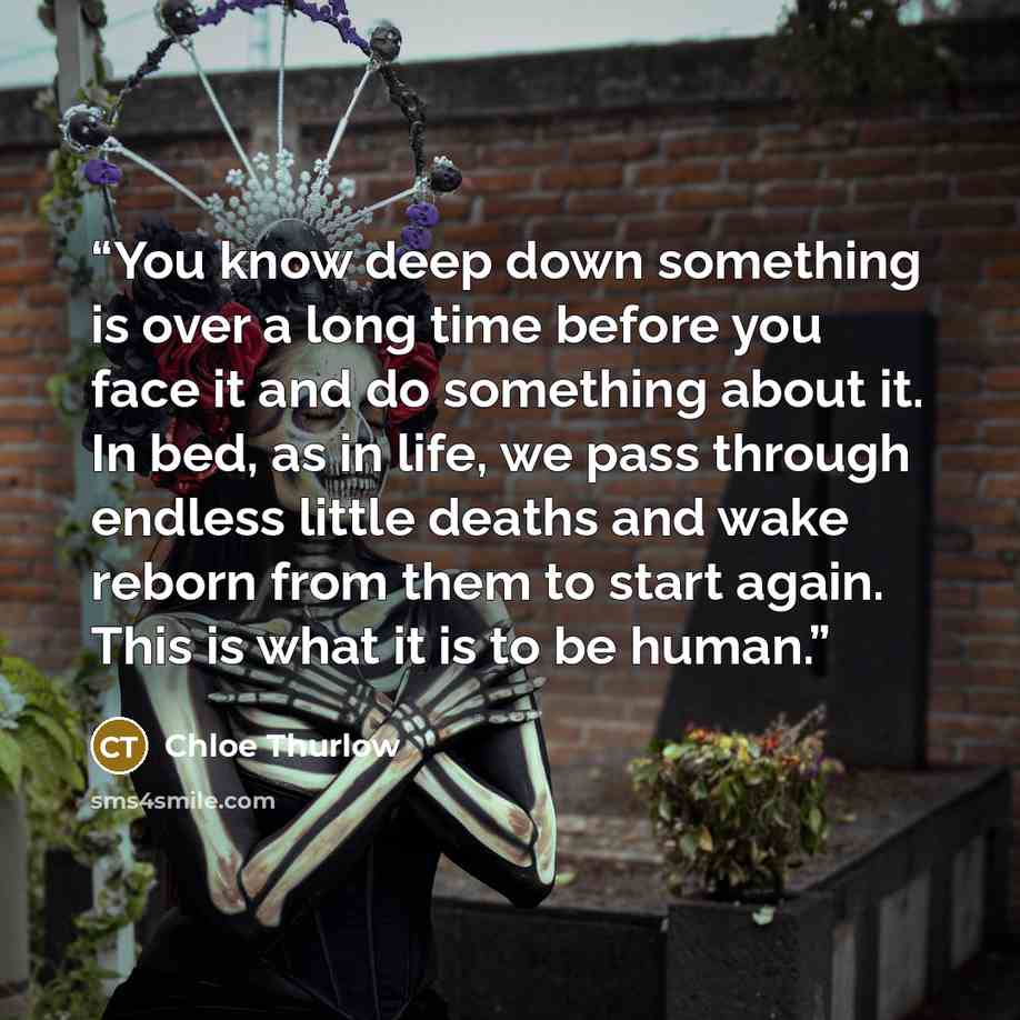 “You know deep down something is over a long time before you face it and do something about it. In bed, as in life, we pass through endless little deaths and wake reborn from them to start again. This is what it is to be human.” quote by Chloe Thurlow