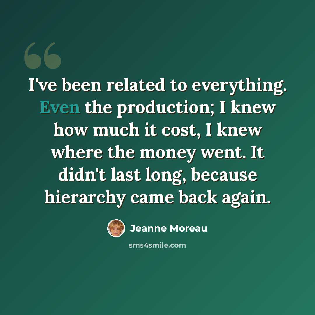“I've been related to everything. Even the production; I knew how much it cost, I knew where the money went. It didn't last long, because hierarchy came back again.” quote by Jeanne Moreau