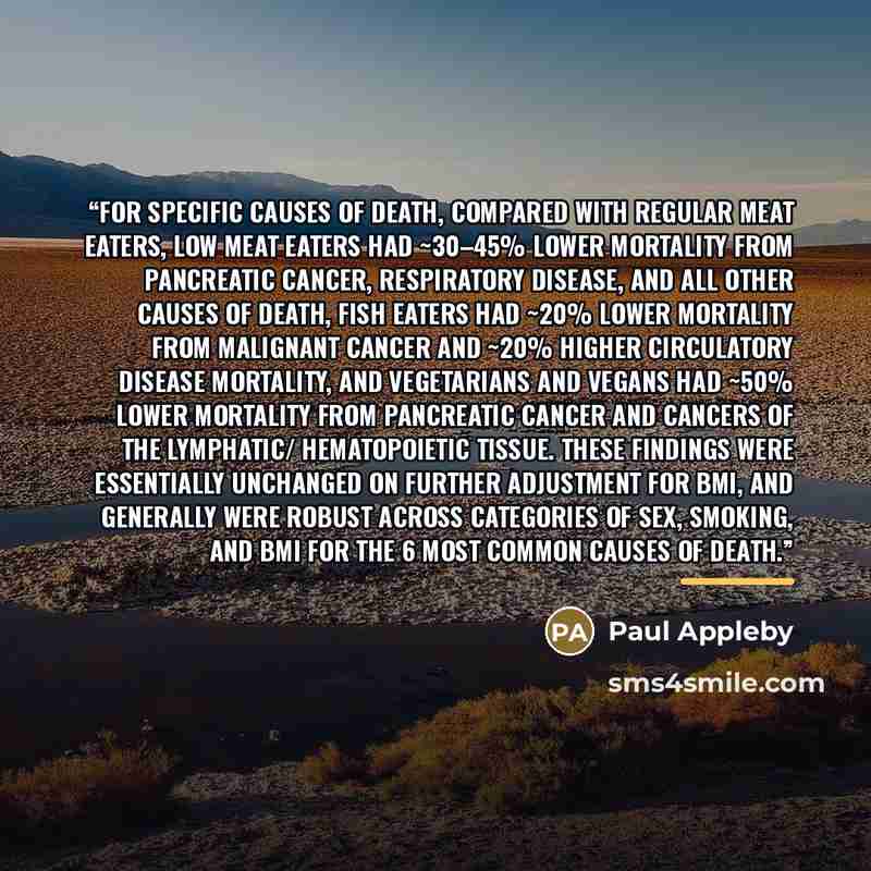 “For specific causes of death, compared with regular meat eaters, low meat eaters had ~30–45% lower mortality from pancreatic cancer, respiratory disease, and all other causes of death, fish eaters had ~20% lower mortality from malignant cancer and ~20% higher circulatory disease mortality, and…” quote by Paul Appleby