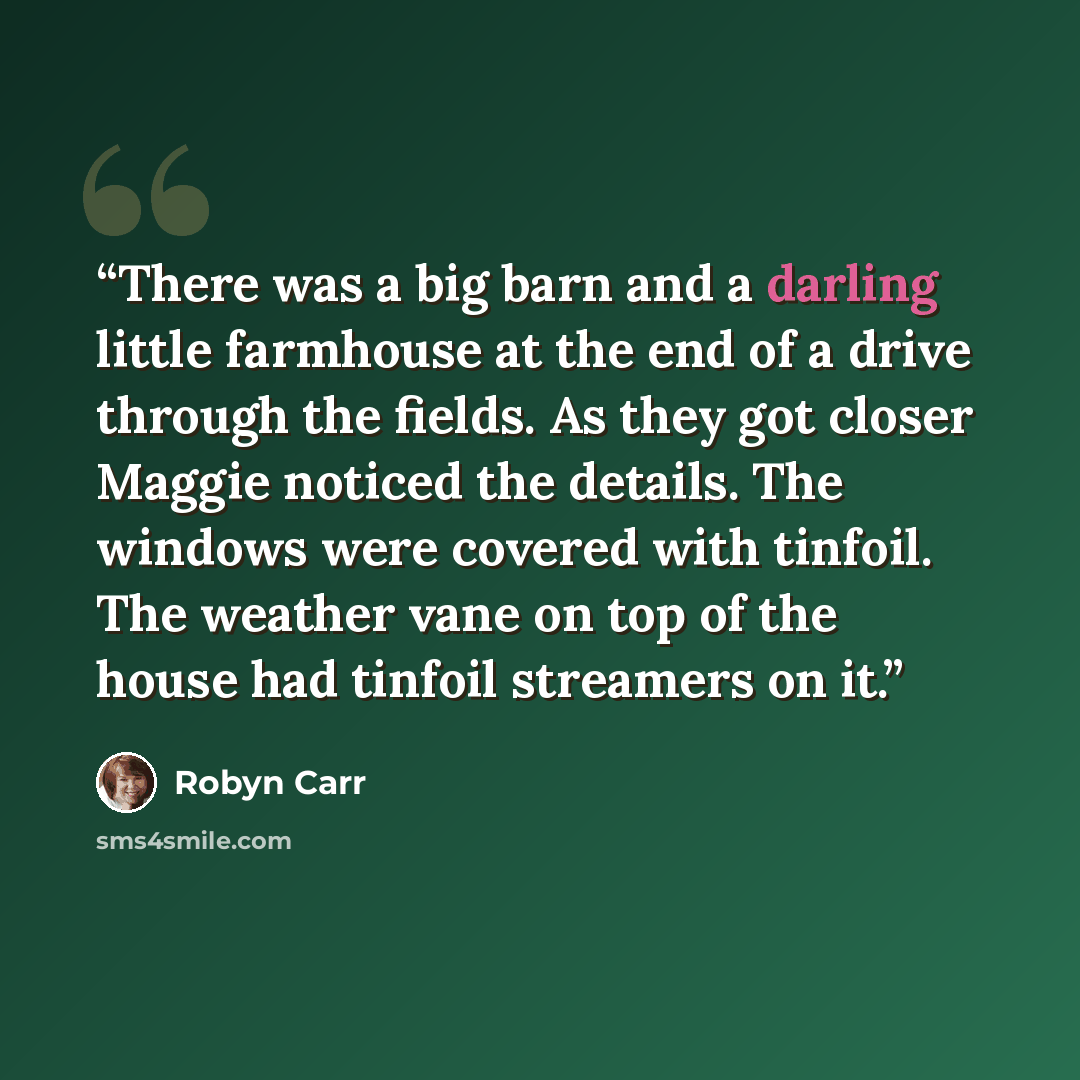 “There was a big barn and a darling little farmhouse at the end of a drive through the fields. As they got closer Maggie noticed the details. The windows were covered with tinfoil. The weather vane on top of the house had tinfoil streamers on it.” quote by Robyn Carr