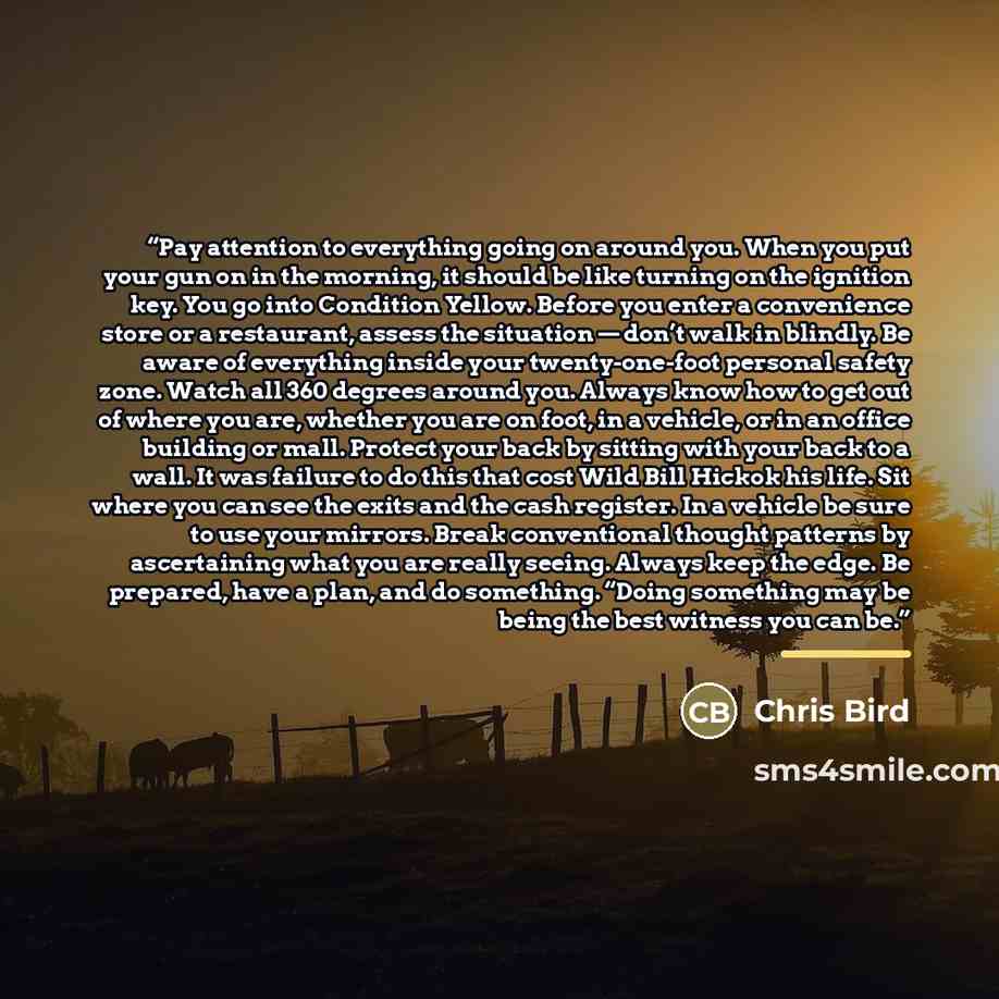 “Pay attention to everything going on around you. When you put your gun on in the morning, it should be like turning on the ignition key. You go into Condition Yellow. Before you enter a convenience store or a restaurant, assess the situation — don’t walk in blindly. Be aware of everything inside…” quote by Chris Bird