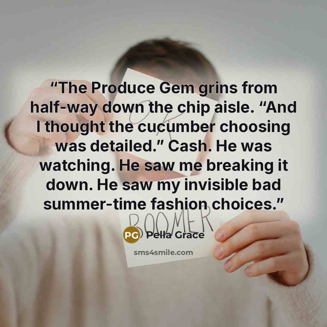 “The Produce Gem grins from half-way down the chip aisle. “And I thought the cucumber choosing was detailed.” Cash. He was watching. He saw me breaking it down. He saw my invisible bad summer-time fashion choices.” quote by Pella Grace