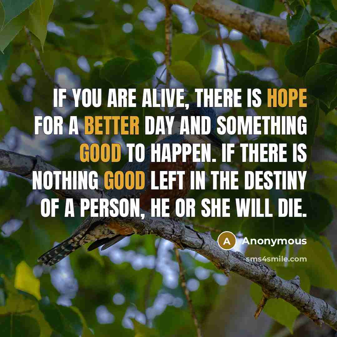 “If you are alive, there is hope for a better day and something good to happen. If there is nothing good left in the destiny of a person, he or she will die.” quote by Anonymous
