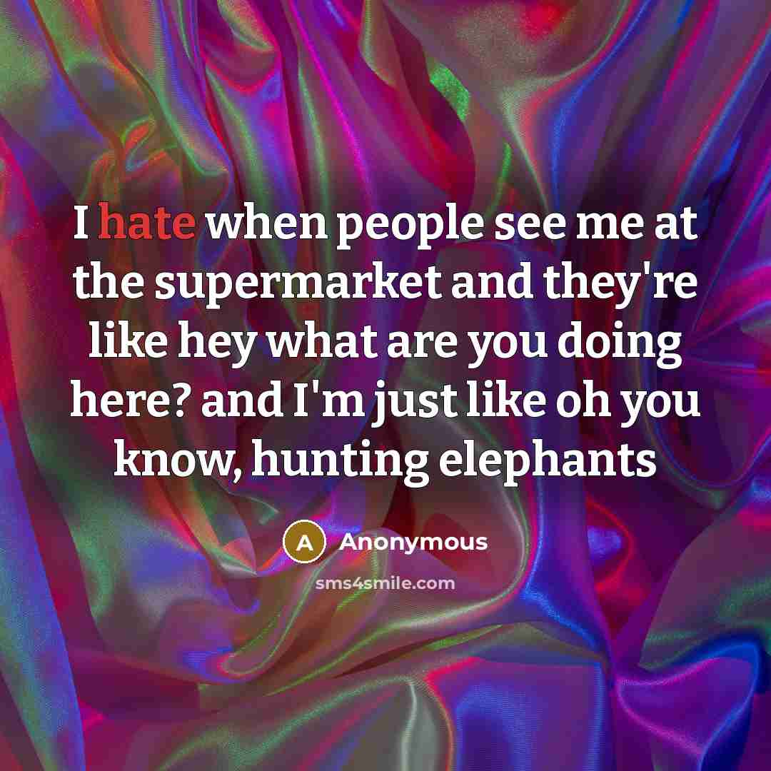 “I hate when people see me at the supermarket and they're like hey what are you doing here? and I'm just like oh you know, hunting elephants” quote by Anonymous