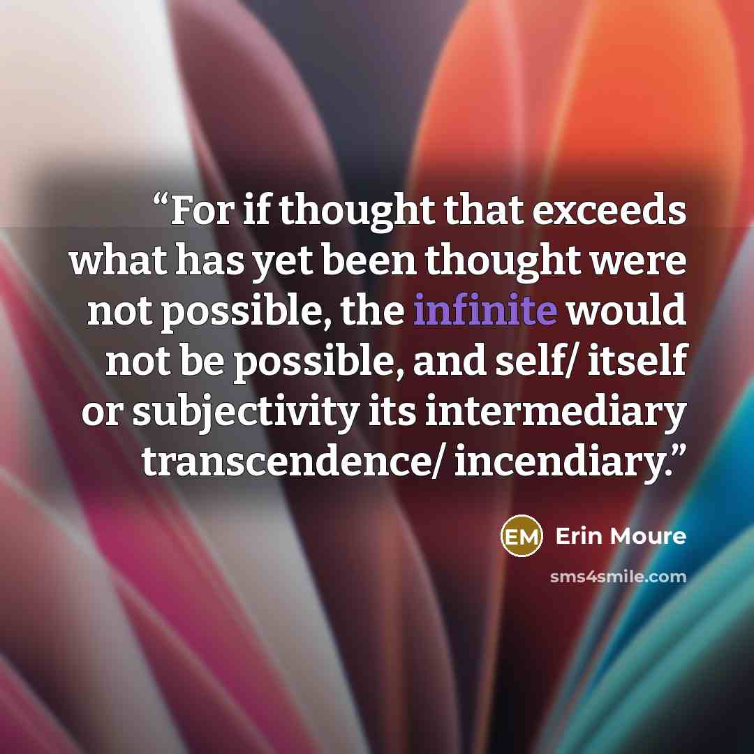 “For if thought that exceeds what has yet been thought were not possible, the infinite would not be possible, and self/ itself or subjectivity its intermediary transcendence/ incendiary.” quote by Erin Moure