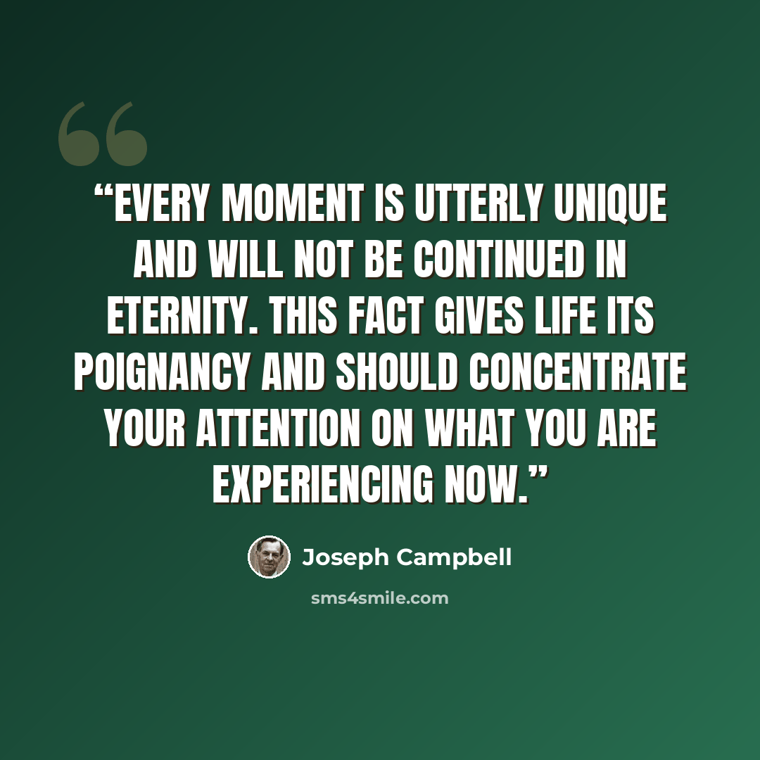 “Every moment is utterly unique and will not be continued in eternity. This fact gives life its poignancy and should concentrate your attention on what you are experiencing now.” quote by Joseph Campbell