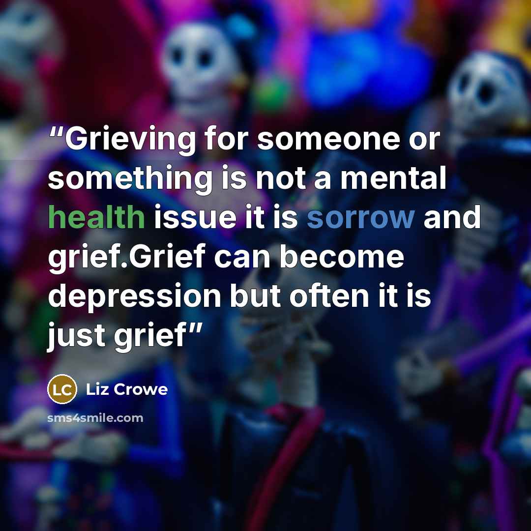 “Grieving for someone or something is not a mental health issue it is sorrow and grief.Grief can become depression but often it is just grief” quote by Liz Crowe