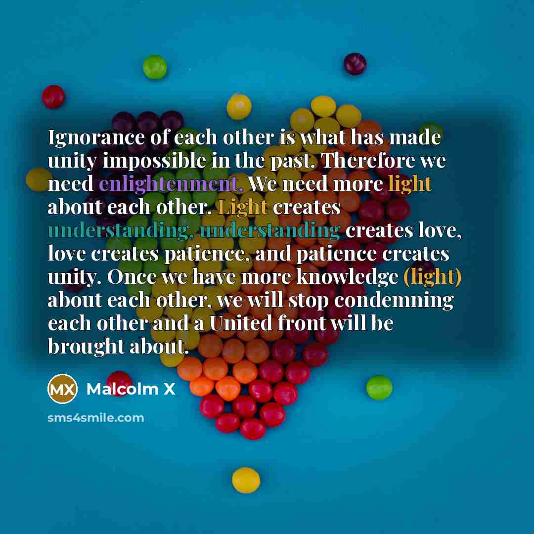 “Ignorance of each other is what has made unity impossible in the past. Therefore we need enlightenment. We need more light about each other. Light creates understanding, understanding creates love, love creates patience, and patience creates unity. Once we have more knowledge (light) about each…” quote by Malcolm X
