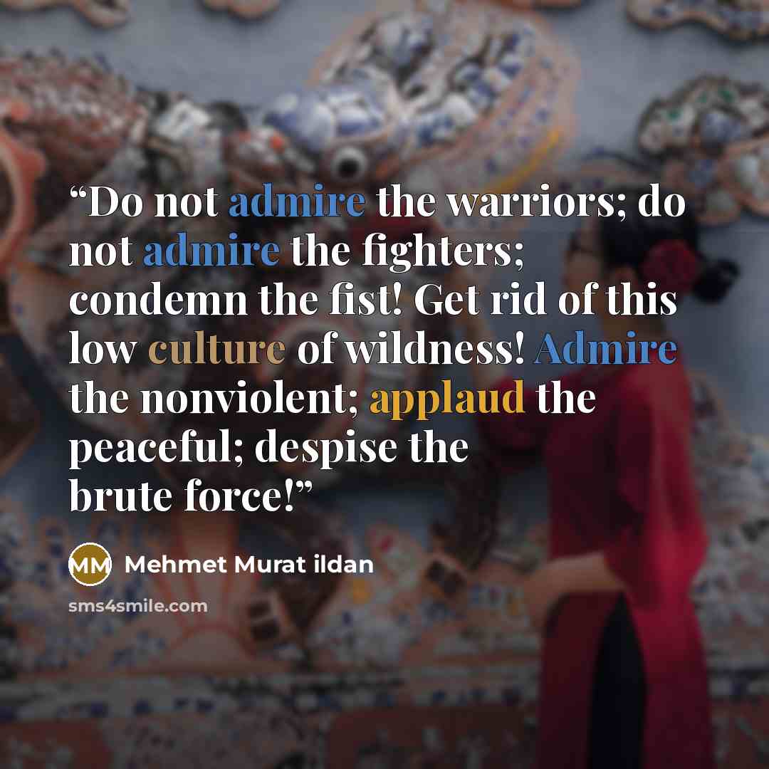 “Do not admire the warriors; do not admire the fighters; condemn the fist! Get rid of this low culture of wildness! Admire the nonviolent; applaud the peaceful; despise the brute force!” quote by Mehmet Murat ildan