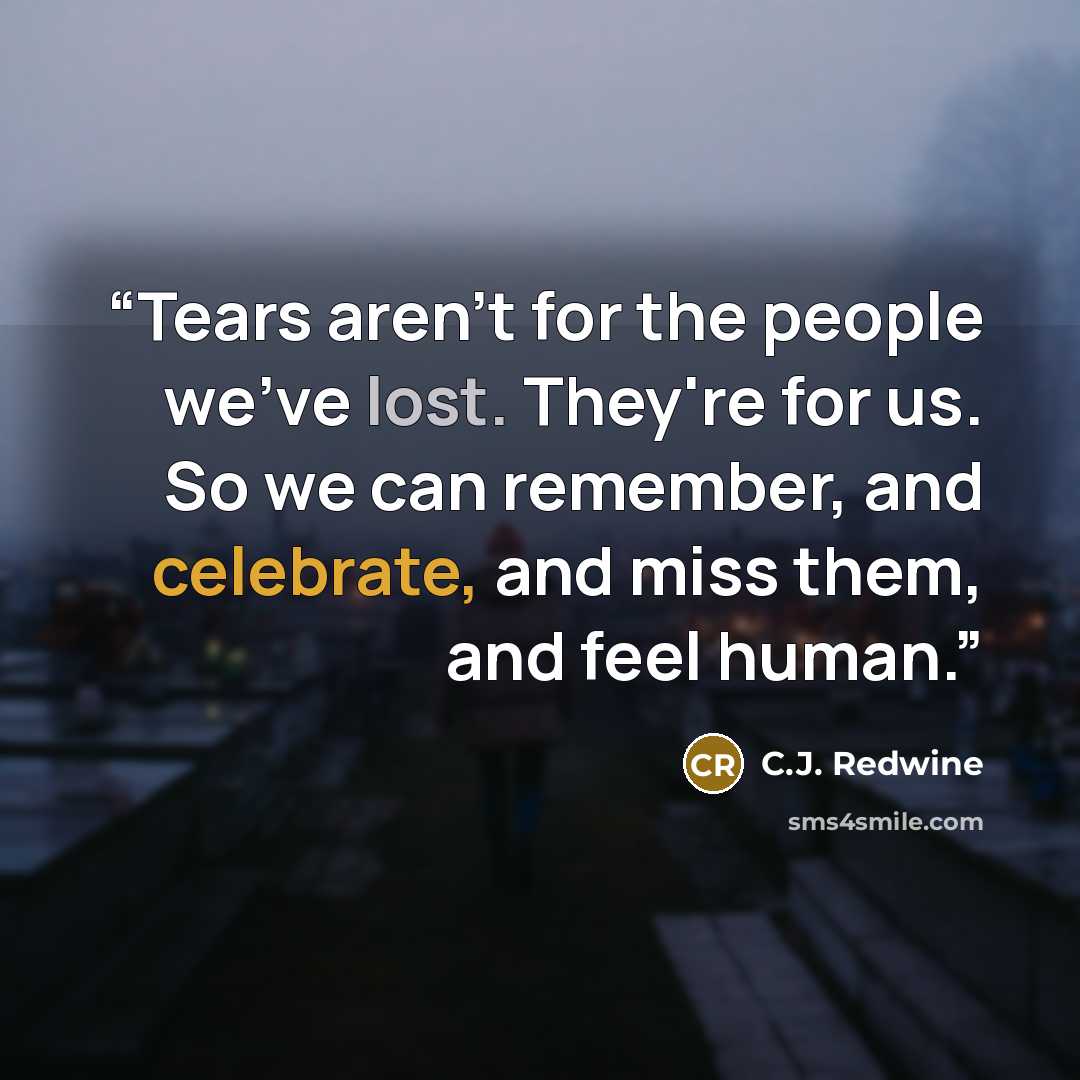 “Tears aren't for the people we've lost. They're for us. So we can remember, and celebrate, and miss them, and feel human.” quote by C.J. Redwine