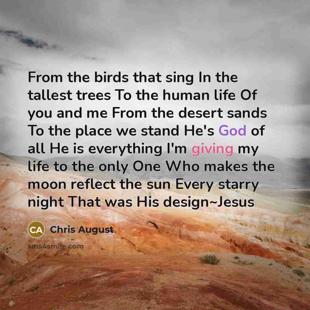 “From the birds that sing In the tallest trees To the human life Of you and me From the desert sands To the place we stand He's God of all He is everything I'm giving my life to the only One Who makes the moon reflect the sun Every starry night That was His design~Jesus” quote by Chris August