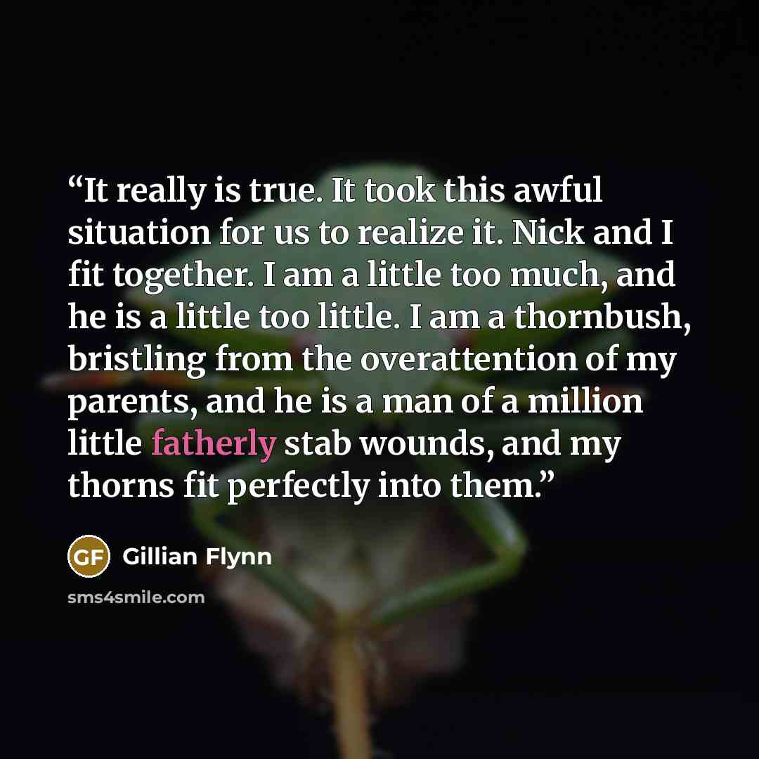“It really is true. It took this awful situation for us to realize it. Nick and I fit together. I am a little too much, and he is a little too little. I am a thornbush, bristling from the overattention of my parents, and he is a man of a million little fatherly stab wounds, and my thorns fit…” quote by Gillian Flynn
