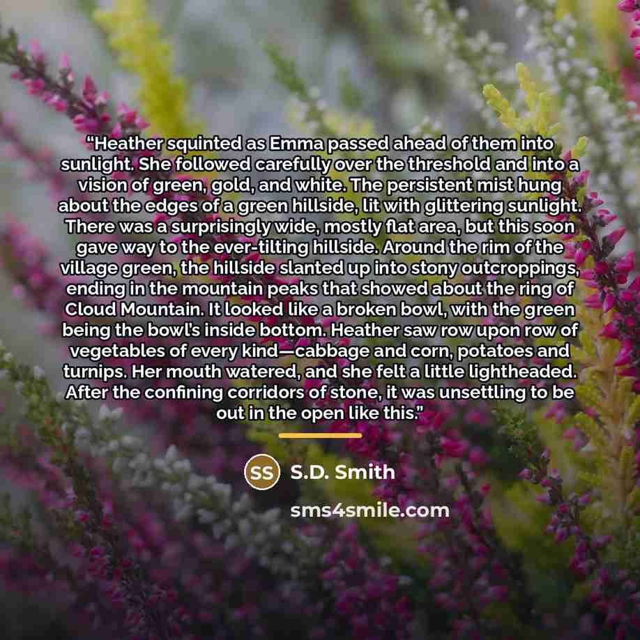 “Heather squinted as Emma passed ahead of them into sunlight. She followed carefully over the threshold and into a vision of green, gold, and white. The persistent mist hung about the edges of a green hillside, lit with glittering sunlight. There was a surprisingly wide, mostly flat area, but this…” quote by S.D. Smith