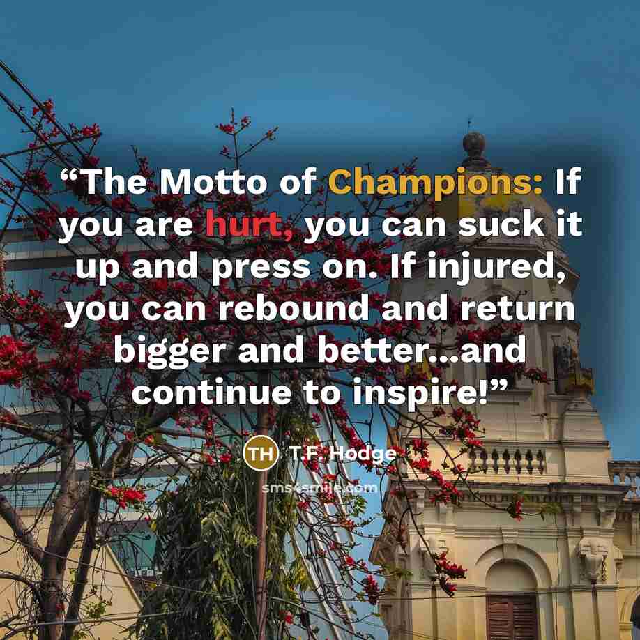 “The Motto of Champions: If you are hurt, you can suck it up and press on. If injured, you can rebound and return bigger and better...and continue to inspire!” quote by T.F. Hodge