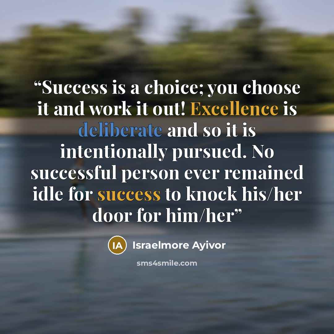 “Success is a choice; you choose it and work it out! Excellence is deliberate and so it is intentionally pursued. No successful person ever remained idle for success to knock his/her door for him/her” quote by Israelmore Ayivor
