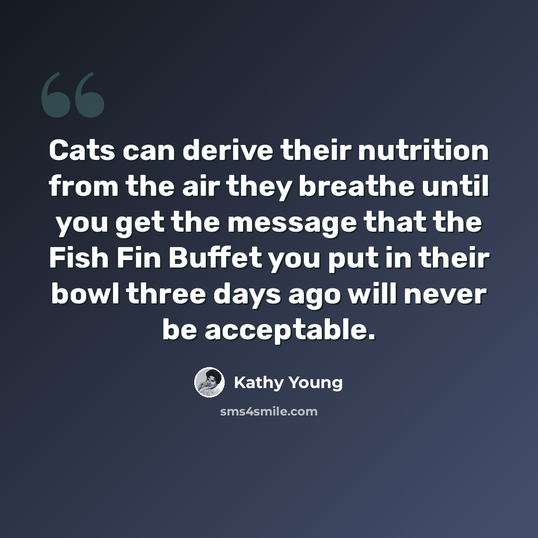 “Cats can derive their nutrition from the air they breathe until you get the message that the Fish Fin Buffet you put in their bowl three days ago will never be acceptable.” quote by Kathy Young