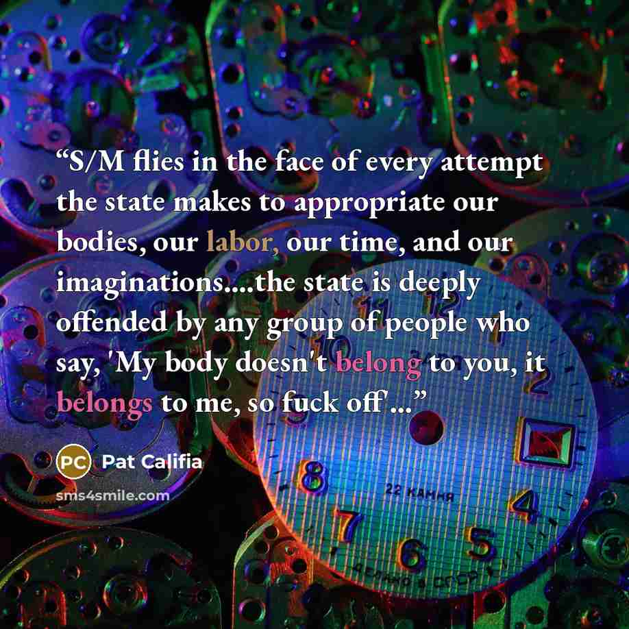 “S/M flies in the face of every attempt the state makes to appropriate our bodies, our labor, our time, and our imaginations.…the state is deeply offended by any group of people who say, 'My body doesn't belong to you, it belongs to me, so fuck off'…” quote by Pat Califia