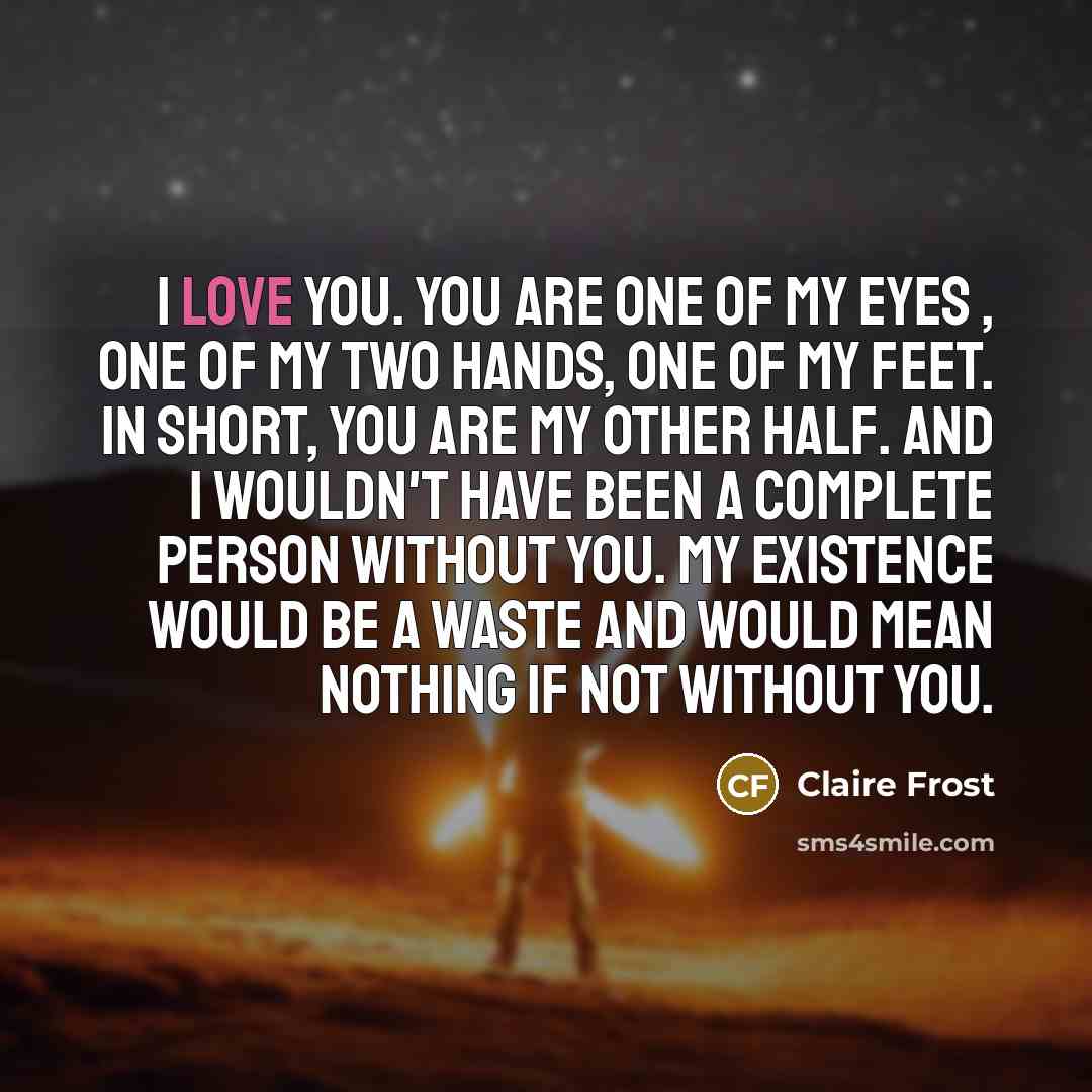 “I love you. You are one of my eyes , One of my two hands, one of my feet. In short, you are my other half. And I wouldn't have been a complete person without you. My existence would be a waste and would mean nothing if not without you.” quote by Claire Frost