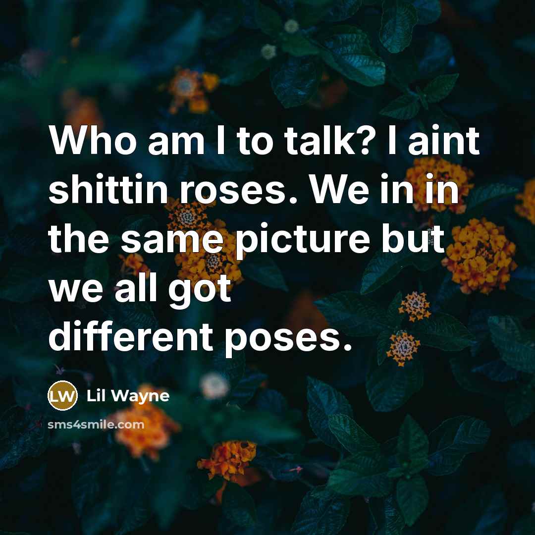 “Who am I to talk? I aint shittin roses. We in in the same picture but we all got different poses.” quote by Lil Wayne