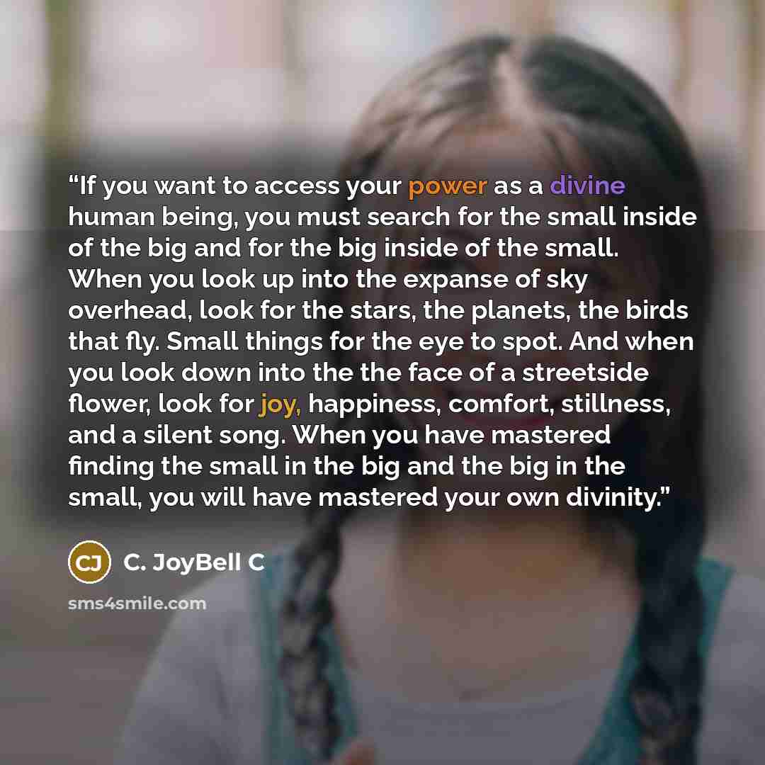 “If you want to access your power as a divine human being, you must search for the small inside of the big and for the big inside of the small. When you look up into the expanse of sky overhead, look for the stars, the planets, the birds that fly. Small things for the eye to spot. And when you look…” quote by C. JoyBell C