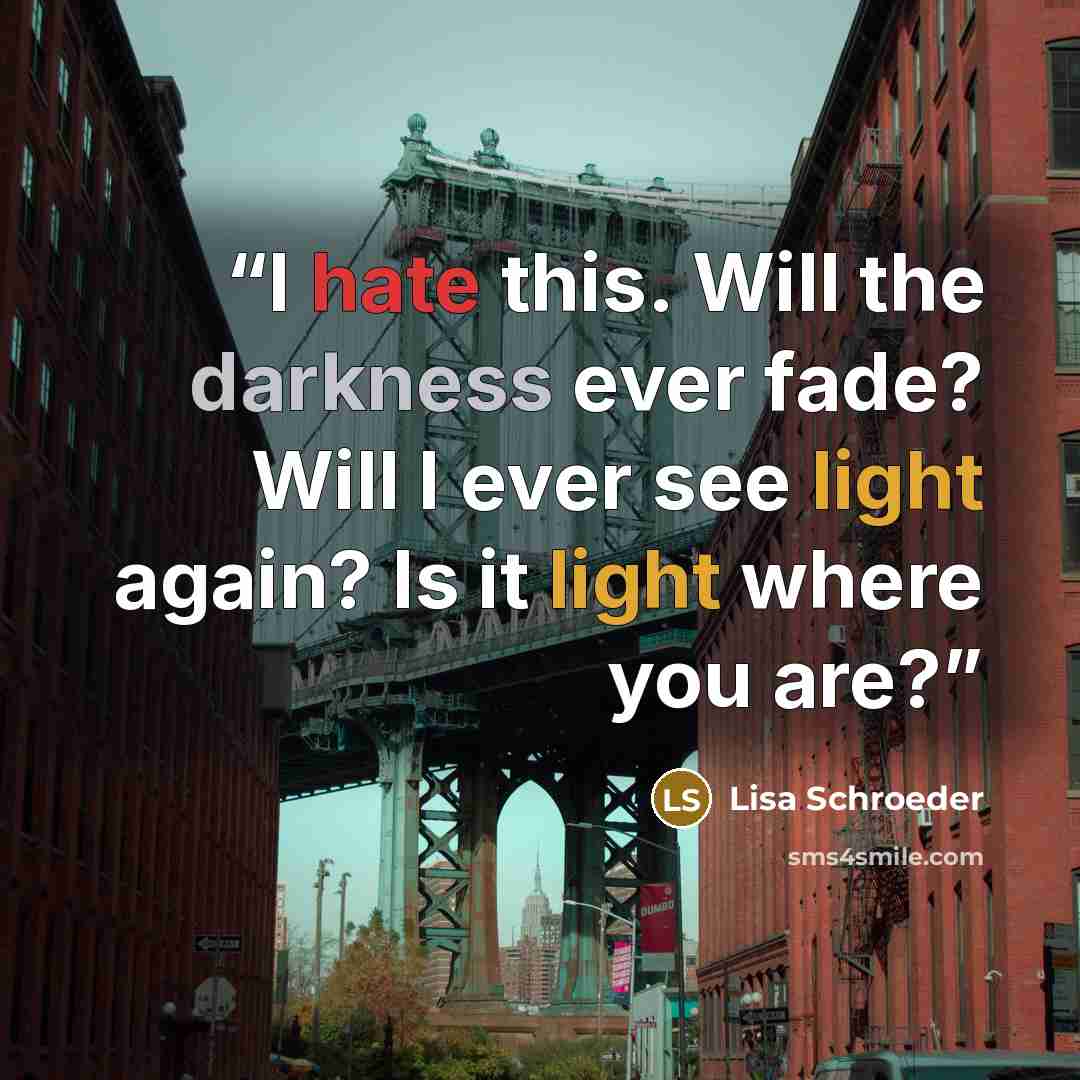 “I hate this. Will the darkness ever fade? Will I ever see light again? Is it light where you are?” quote by Lisa Schroeder