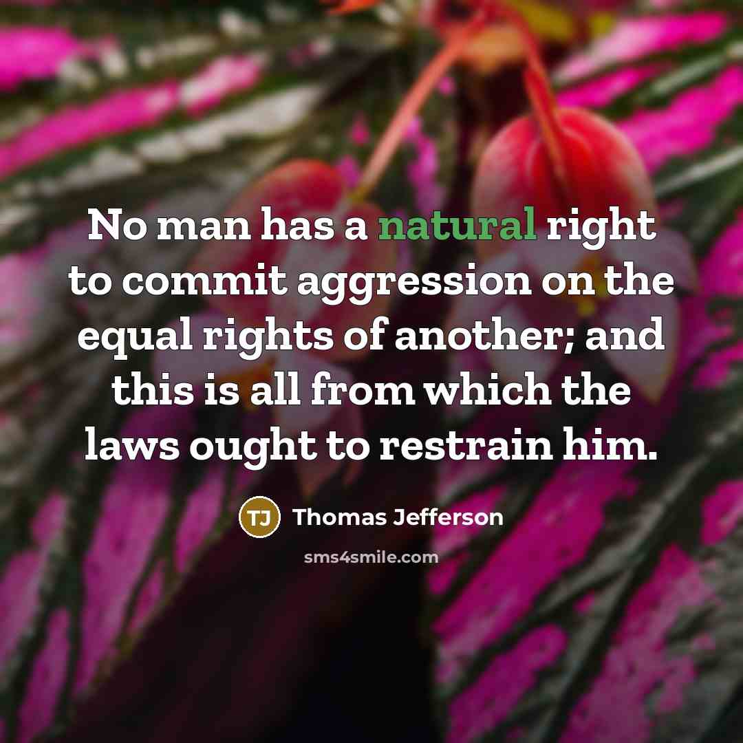 “No man has a natural right to commit aggression on the equal rights of another; and this is all from which the laws ought to restrain him.” quote by Thomas Jefferson