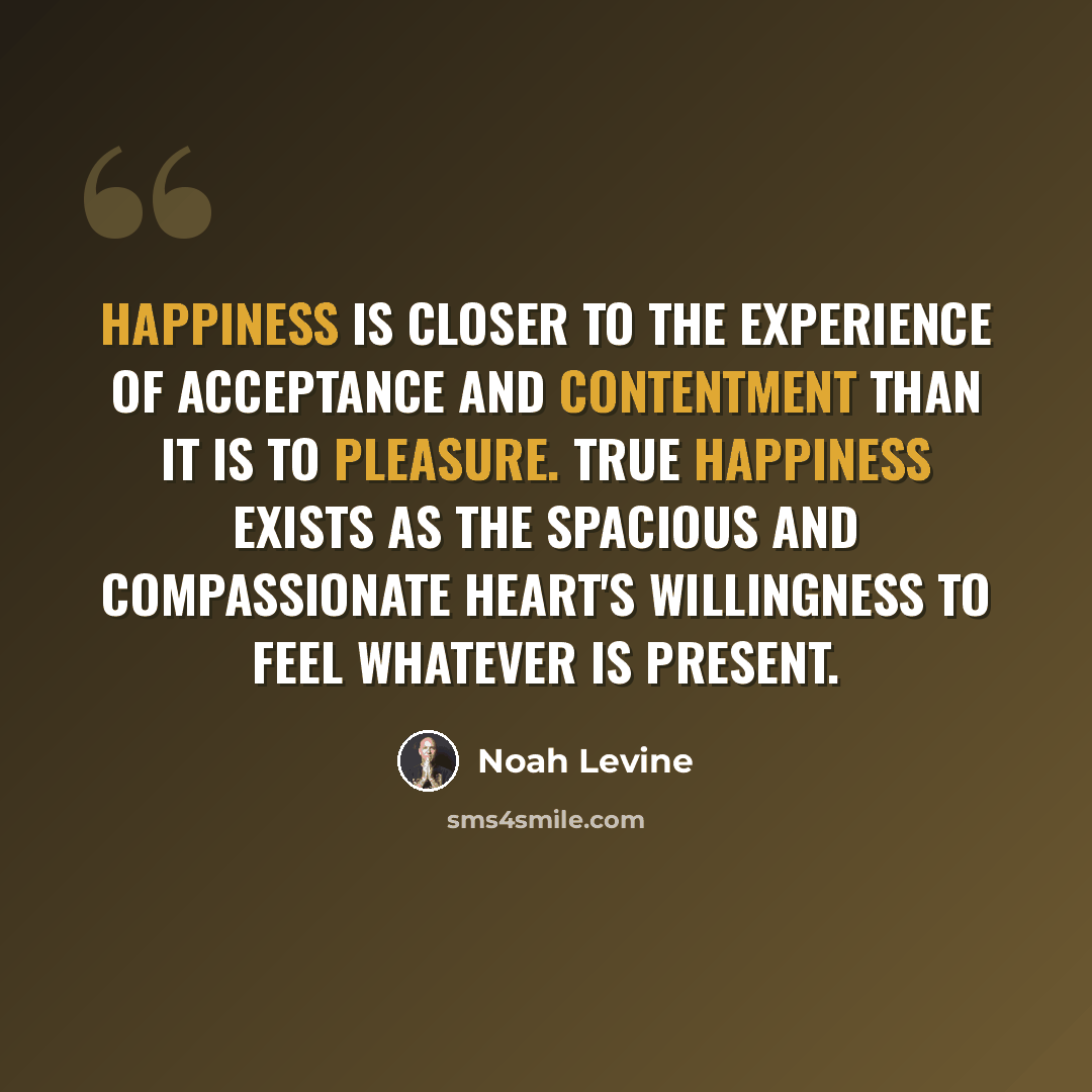 “Happiness is closer to the experience of acceptance and contentment than it is to pleasure. True happiness exists as the spacious and compassionate heart's willingness to feel whatever is present.” quote by Noah Levine