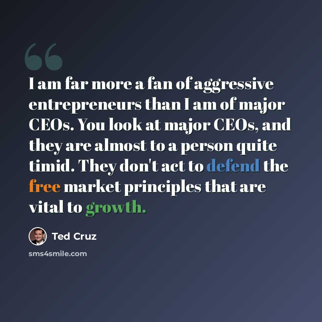 “I am far more a fan of aggressive entrepreneurs than I am of major CEOs. You look at major CEOs, and they are almost to a person quite timid. They don't act to defend the free market principles that are vital to growth.” quote by Ted Cruz