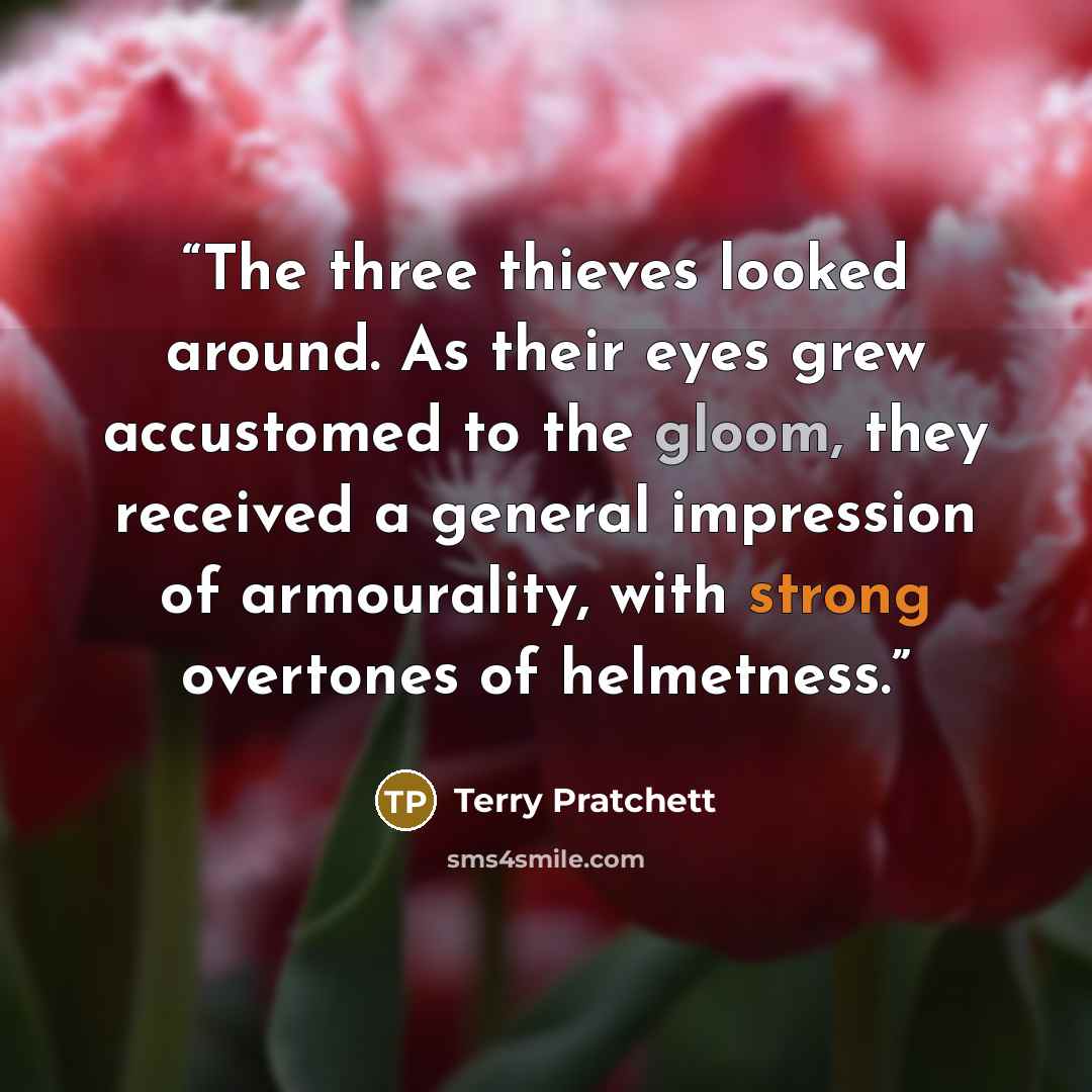 “The three thieves looked around. As their eyes grew accustomed to the gloom, they received a general impression of armourality, with strong overtones of helmetness.” quote by Terry Pratchett