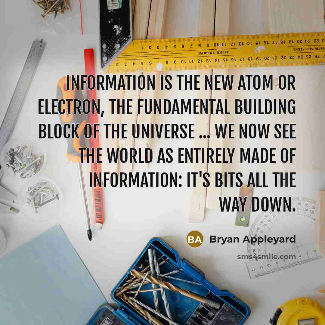 “Information is the new atom or electron, the fundamental building block of the universe ... We now see the world as entirely made of information: it's bits all the way down.” quote by Bryan Appleyard