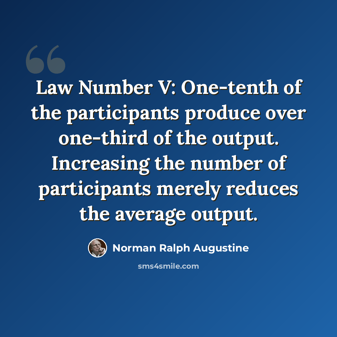 “Law Number V: One-tenth of the participants produce over one-third of the output. Increasing the number of participants merely reduces the average output.” quote by Norman Ralph Augustine