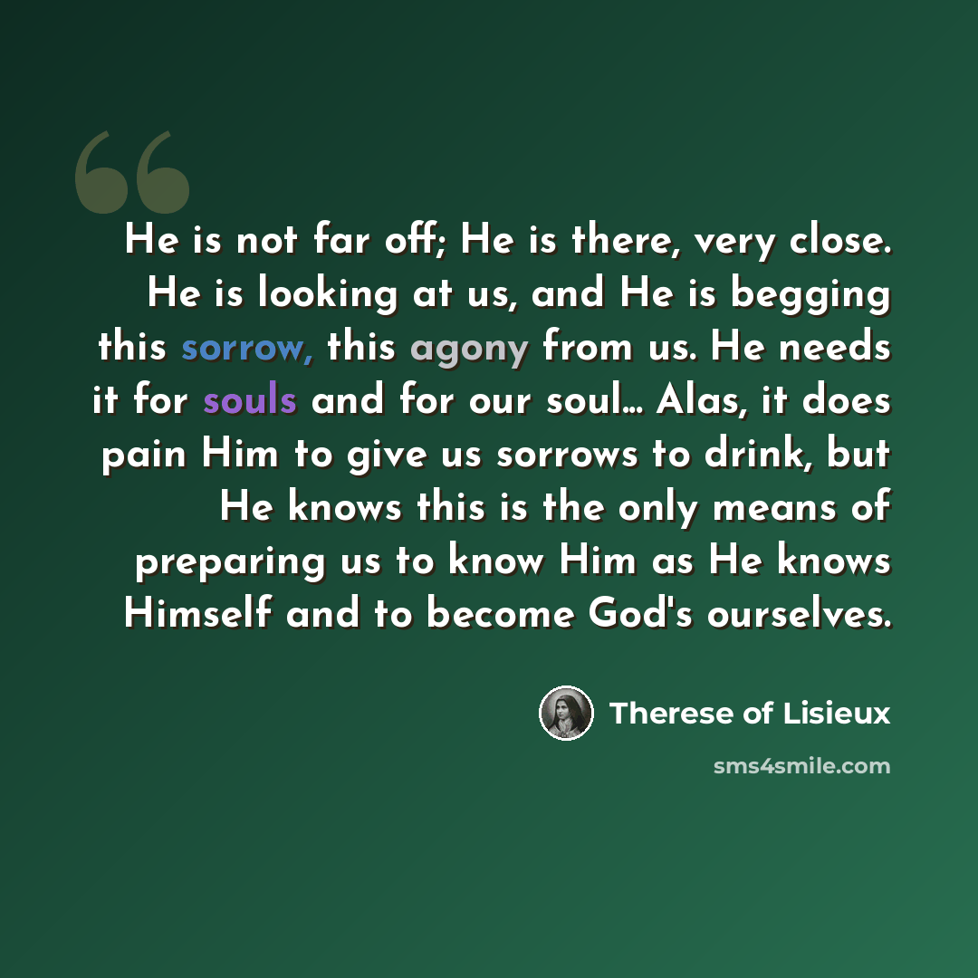 “He is not far off; He is there, very close. He is looking at us, and He is begging this sorrow, this agony from us. He needs it for souls and for our soul... Alas, it does pain Him to give us sorrows to drink, but He knows this is the only means of preparing us to know Him as He knows Himself and…” quote by Therese of Lisieux