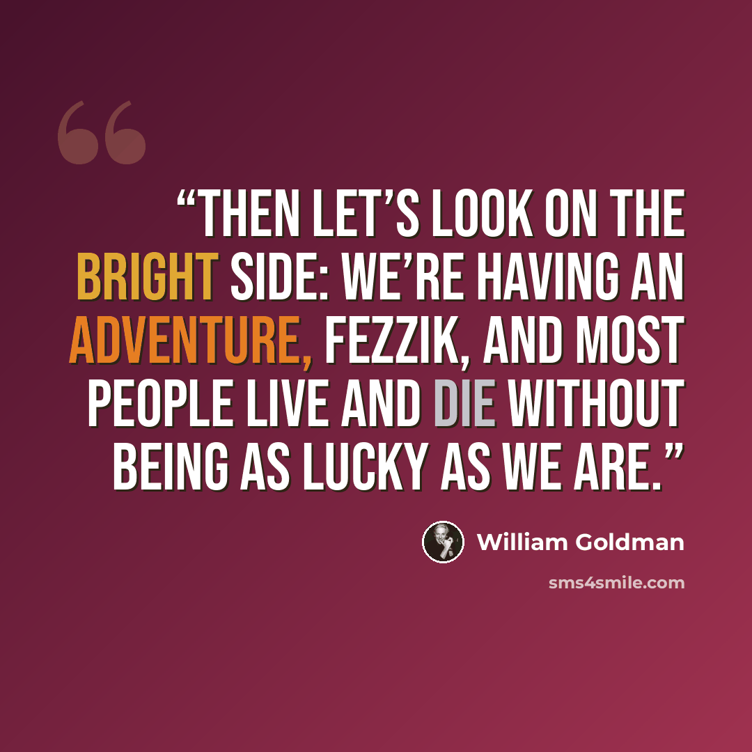 “Then let’s look on the bright side: we’re having an adventure, Fezzik, and most people live and die without being as lucky as we are.” quote by William Goldman