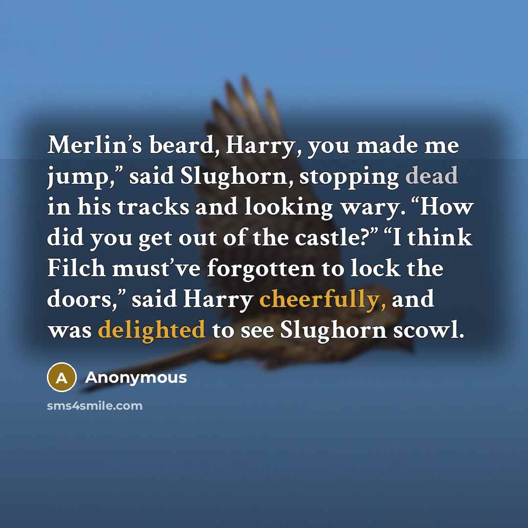 “Merlin’s beard, Harry, you made me jump,” said Slughorn, stopping dead in his tracks and looking wary. “How did you get out of the castle?” “I think Filch must’ve forgotten to lock the doors,” said Harry cheerfully, and was delighted to see Slughorn scowl.” quote by Anonymous