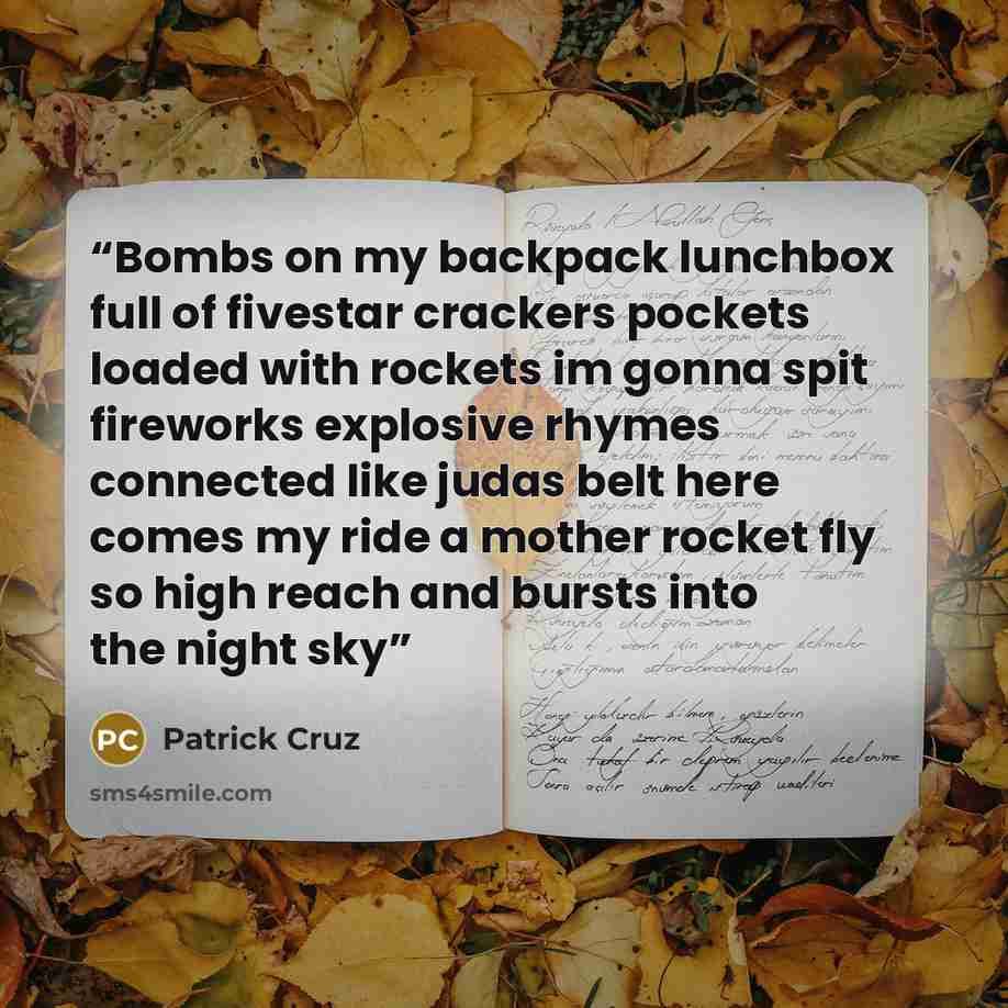 “Bombs on my backpack lunchbox full of fivestar crackers pockets loaded with rockets im gonna spit fireworks explosive rhymes connected like judas belt here comes my ride a mother rocket fly so high reach and bursts into the night sky” quote by Patrick Cruz