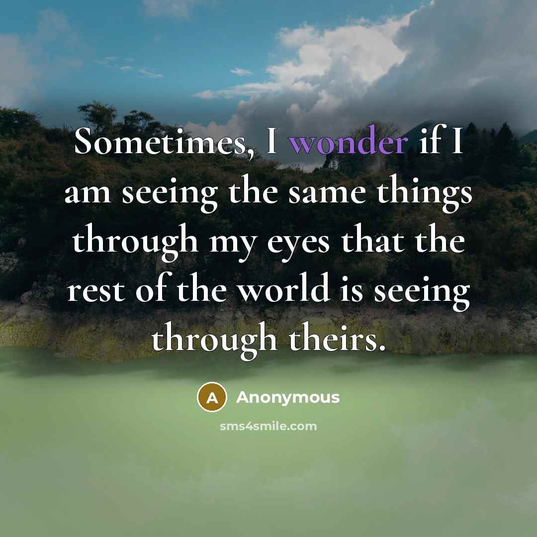 “Sometimes, I wonder if I am seeing the same things through my eyes that the rest of the world is seeing through theirs.” quote by Anonymous