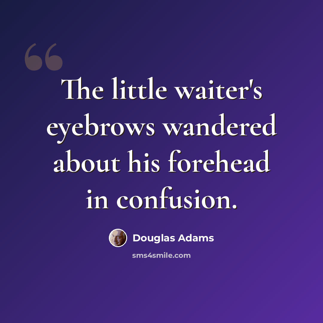 “The little waiter's eyebrows wandered about his forehead in confusion.” quote by Douglas Adams
