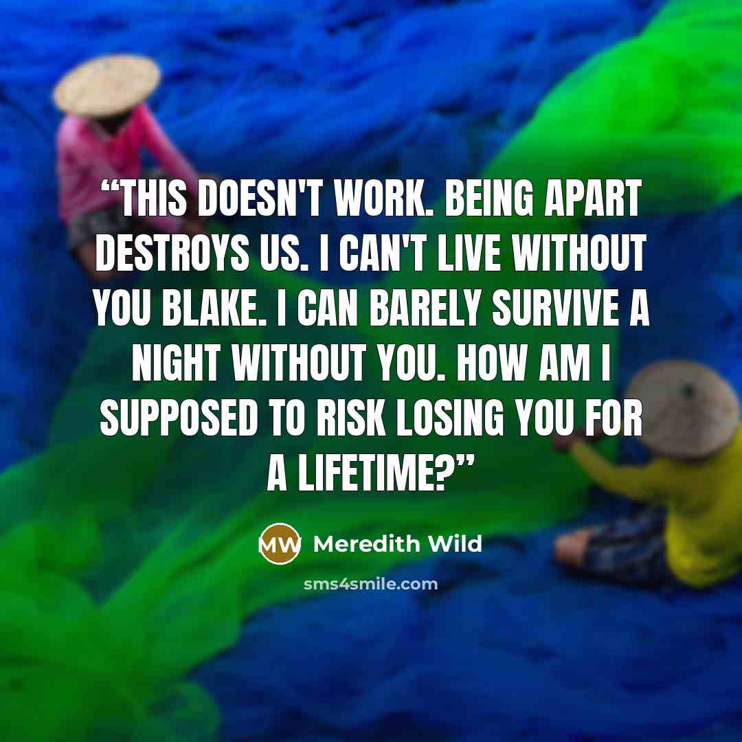 “This doesn't work. Being apart destroys us. I can't live without you Blake. I can barely survive a night without you. How am I supposed to risk losing you for a lifetime?” quote by Meredith Wild