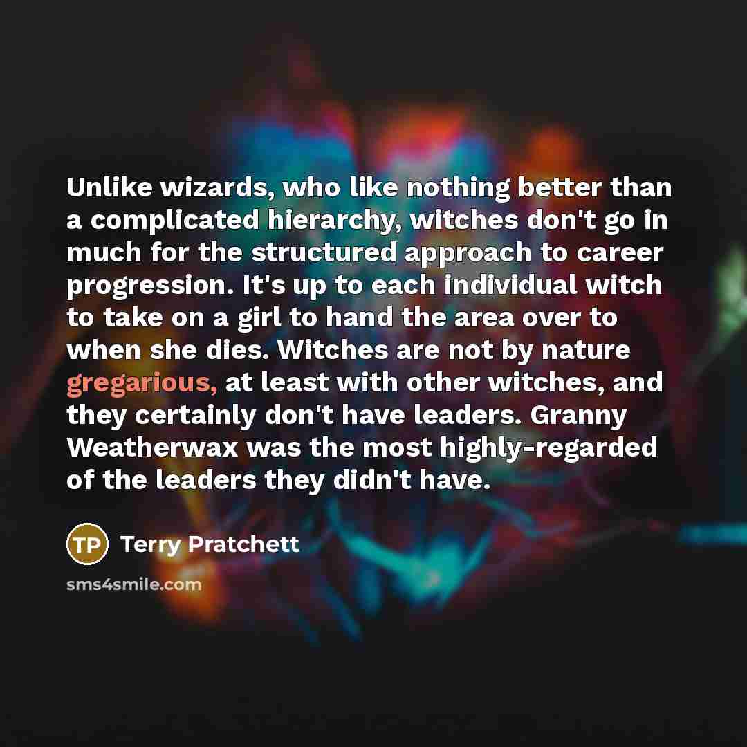 “Unlike wizards, who like nothing better than a complicated hierarchy, witches don't go in much for the structured approach to career progression. It's up to each individual witch to take on a girl to hand the area over to when she dies. Witches are not by nature gregarious, at least with other…” quote by Terry Pratchett