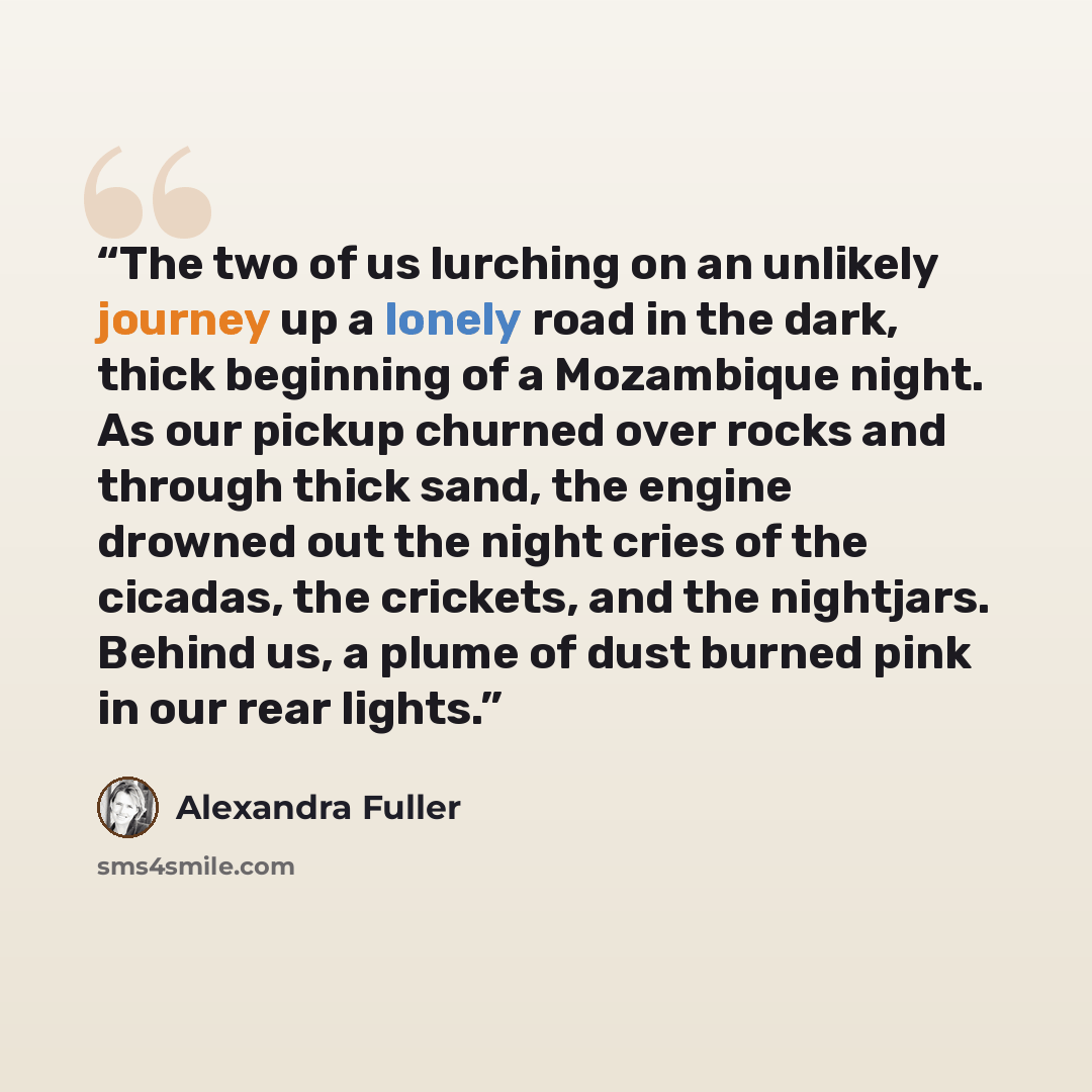 “The two of us lurching on an unlikely journey up a lonely road in the dark, thick beginning of a Mozambique night. As our pickup churned over rocks and through thick sand, the engine drowned out the night cries of the cicadas, the crickets, and the nightjars. Behind us, a plume of dust burned pink…” quote by Alexandra Fuller