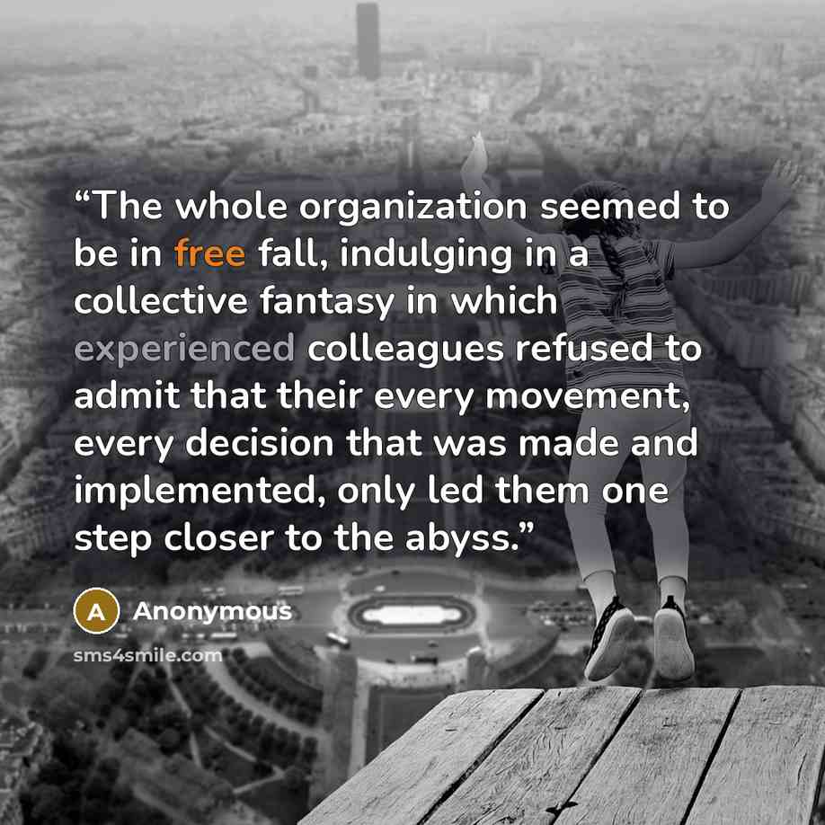 “The whole organization seemed to be in free fall, indulging in a collective fantasy in which experienced colleagues refused to admit that their every movement, every decision that was made and implemented, only led them one step closer to the abyss.” quote by Anonymous