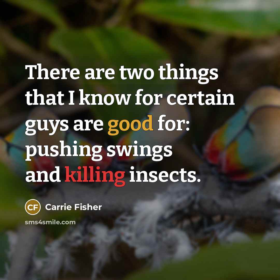 “There are two things that I know for certain guys are good for: pushing swings and killing insects.” quote by Carrie Fisher