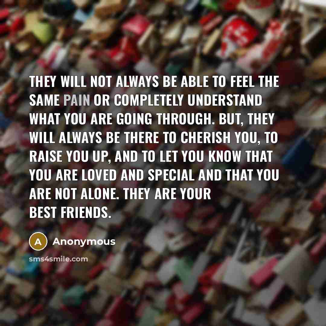 “They will not always be able to feel the same pain or completely understand what you are going through. But, they will always be there to cherish you, to raise you up, and to let you know that you are loved and special and that you are not alone. They are your best friends.” quote by Anonymous