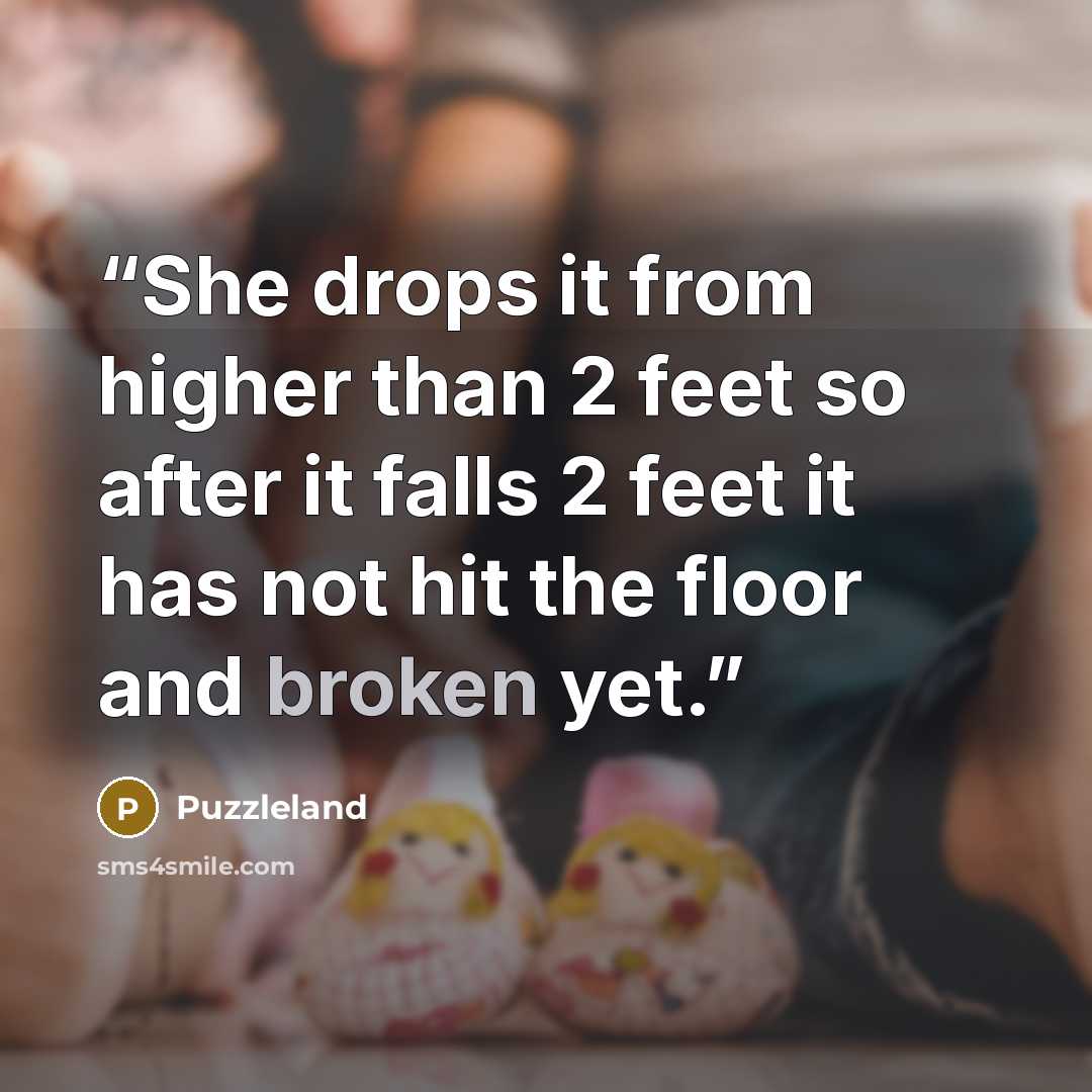 “She drops it from higher than 2 feet so after it falls 2 feet it has not hit the floor and broken yet.” quote by Puzzleland