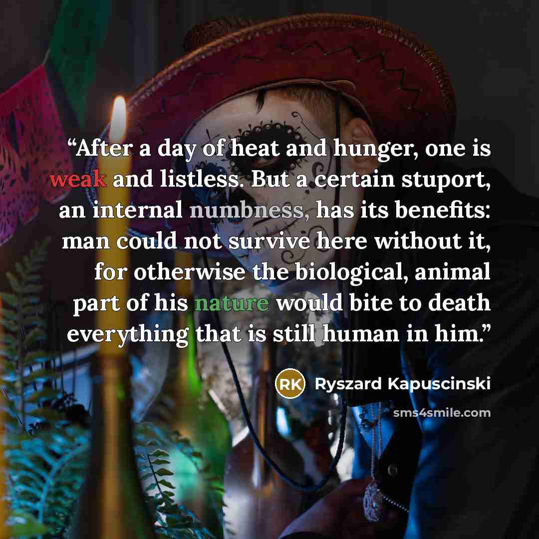 “After a day of heat and hunger, one is weak and listless. But a certain stuport, an internal numbness, has its benefits: man could not survive here without it, for otherwise the biological, animal part of his nature would bite to death everything that is still human in him.” quote by Ryszard Kapuściński