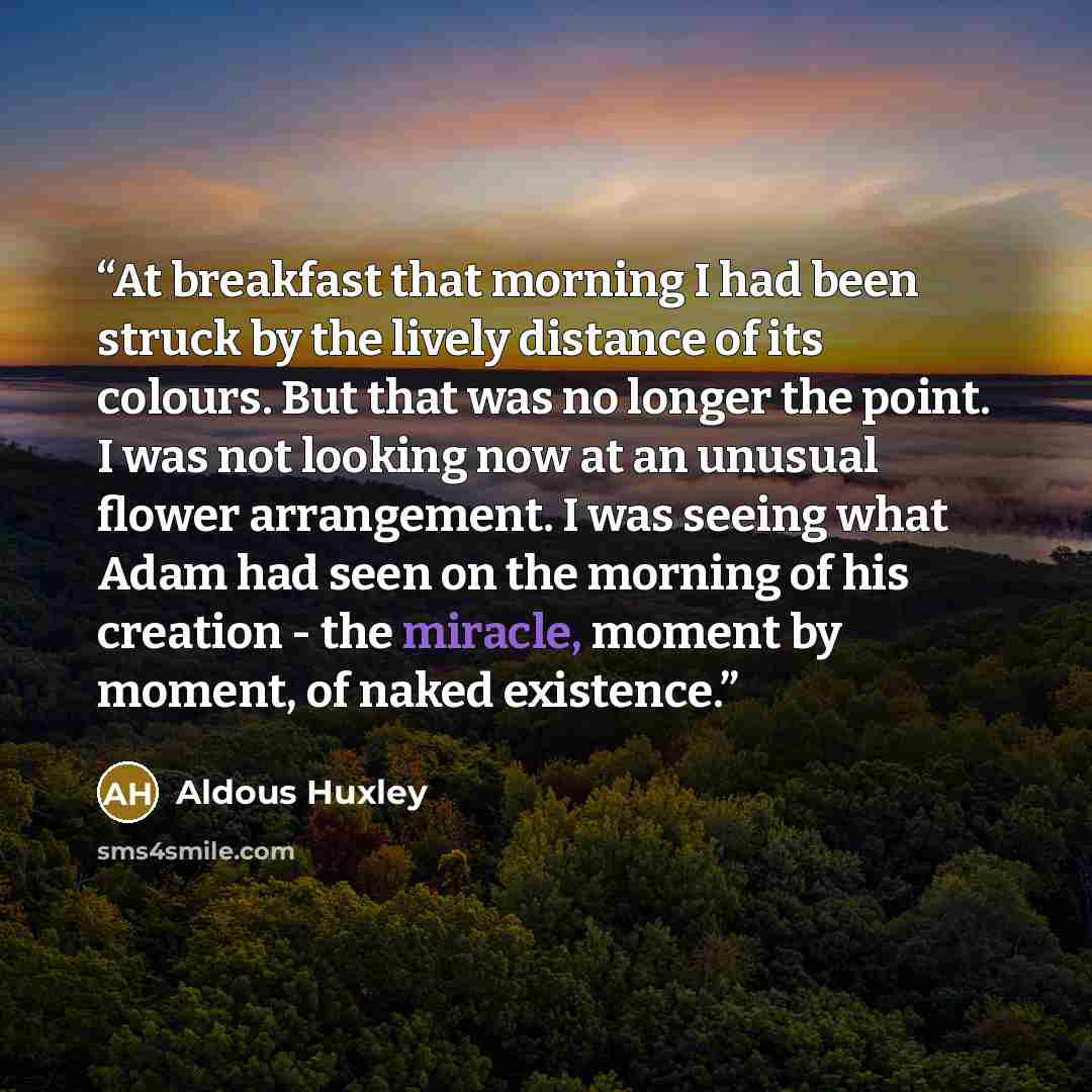 “At breakfast that morning I had been struck by the lively distance of its colours. But that was no longer the point. I was not looking now at an unusual flower arrangement. I was seeing what Adam had seen on the morning of his creation - the miracle, moment by moment, of naked existence.” quote by Aldous Huxley