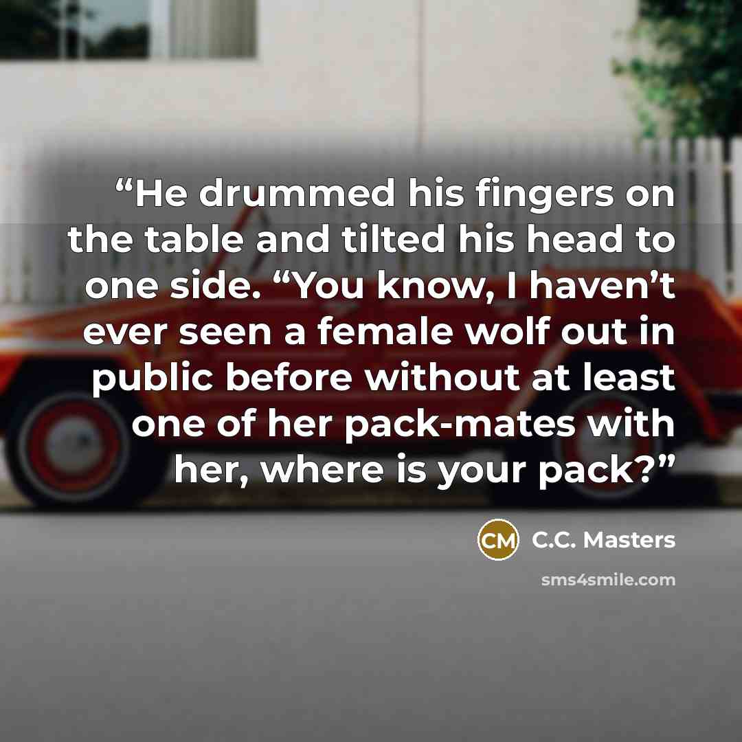 “He drummed his fingers on the table and tilted his head to one side. “You know, I haven’t ever seen a female wolf out in public before without at least one of her pack-mates with her, where is your pack?” quote by C.C. Masters