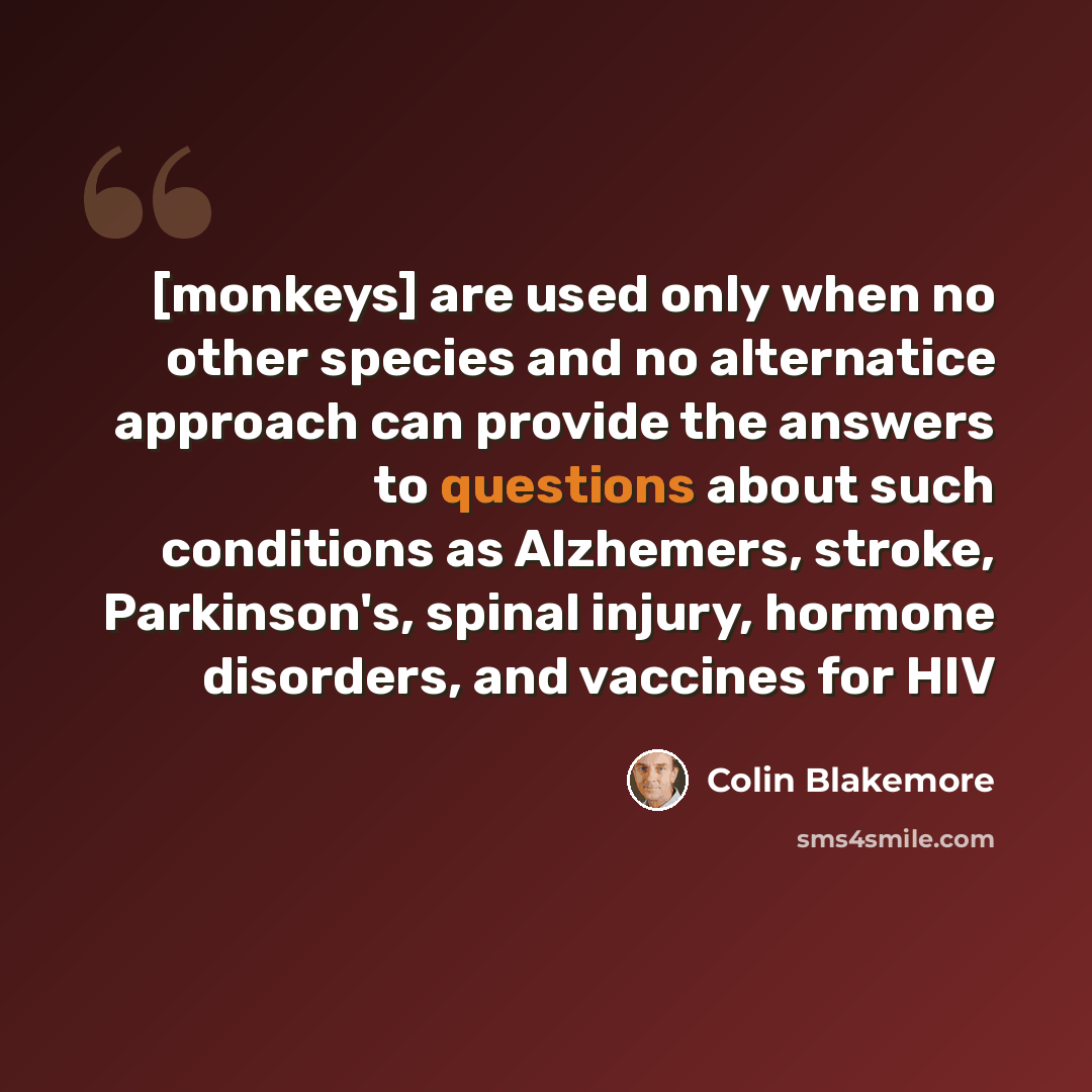 “[monkeys] are used only when no other species and no alternatice approach can provide the answers to questions about such conditions as Alzhemers, stroke, Parkinson's, spinal injury, hormone disorders, and vaccines for HIV” quote by Colin Blakemore