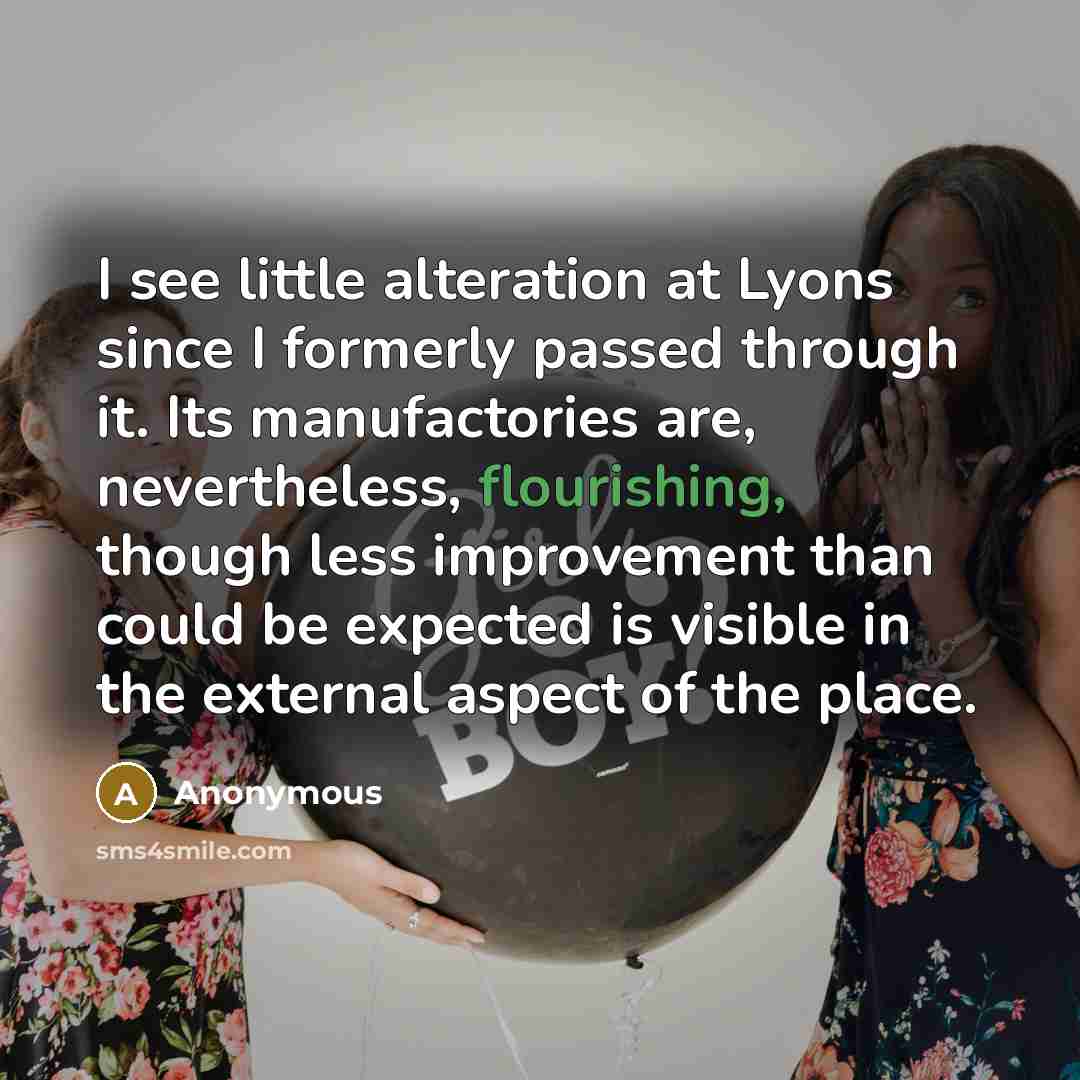 “I see little alteration at Lyons since I formerly passed through it. Its manufactories are, nevertheless, flourishing, though less improvement than could be expected is visible in the external aspect of the place.” quote by Anonymous